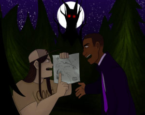 The Good Zoos cover image, depicting two individuals arguing over a map with a monster looming in the moonlight behind them.